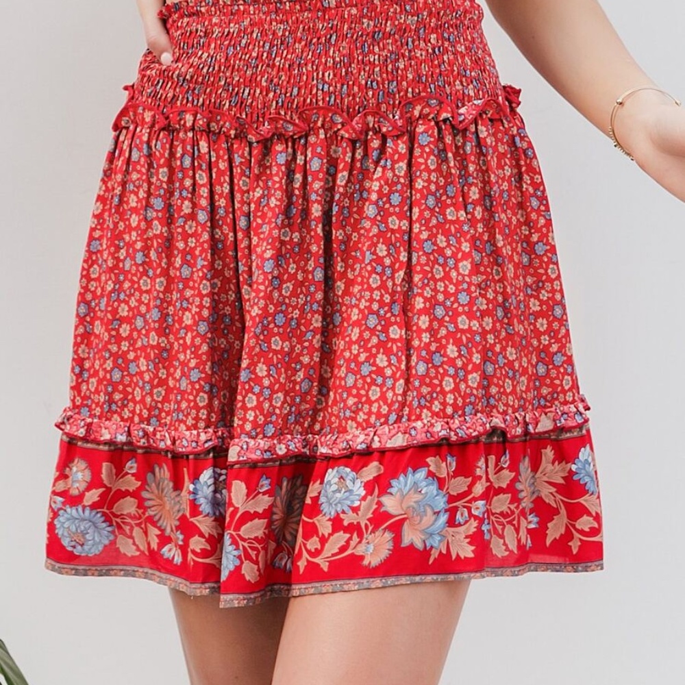Boho chic gypsy floral print mini skirt - RED - Picture 5 of 5